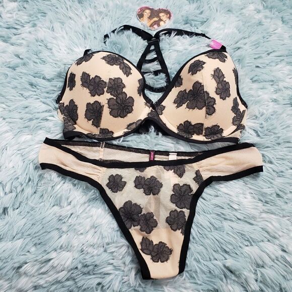 VS Pink Nude Floral Push Up Bra & Thong 32 DD / L